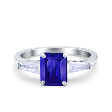 Art Deco Wedding Ring Emerald Cut Simulated Blue Sapphire CZ 925 Sterling Silver